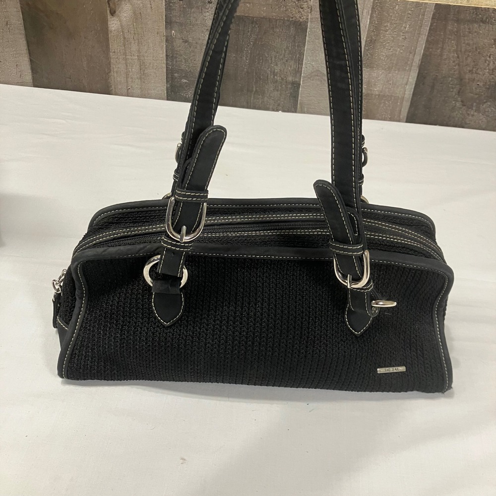 The Sak Black Crochet Satchel Handbag Triple Compartment Contrast Stitching Y2K